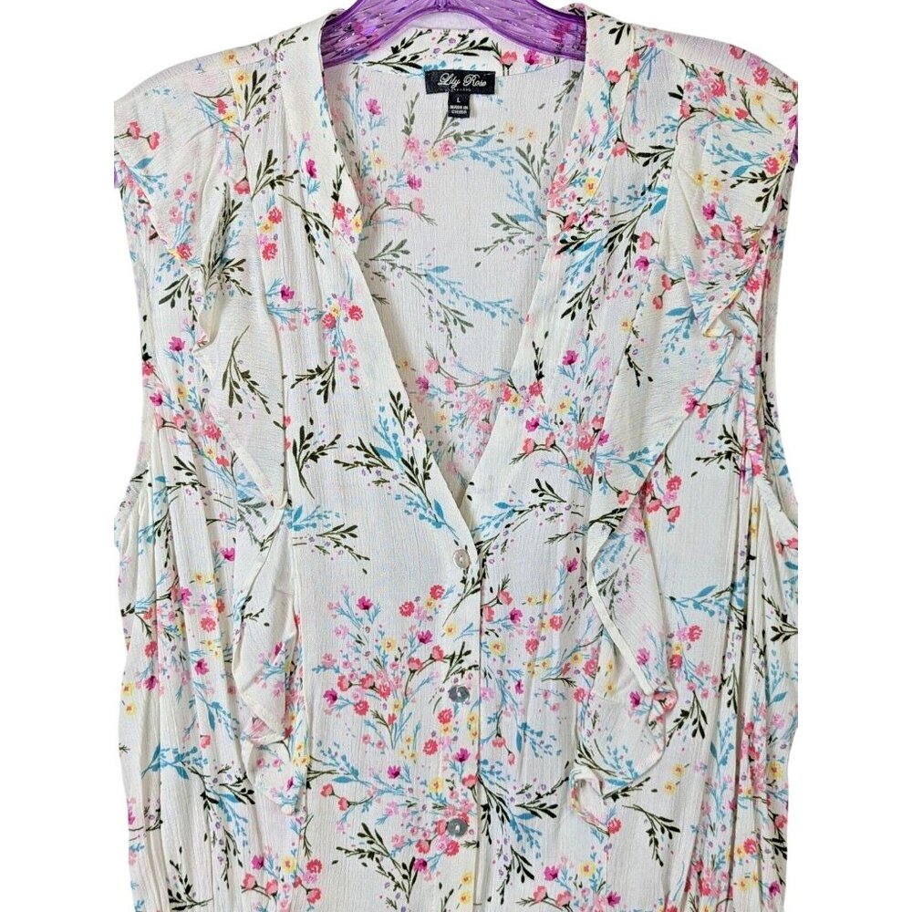 Lily Rose size L Ruffle Button Front Flutter Romper Pink Aqua Florals Juniors - Picture 2 of 14